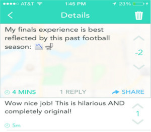 Yik Yak about Finals being like this football season, in the toilet