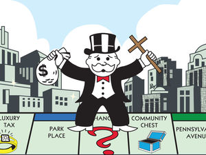 Monopoly man with money and cross