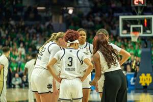 ND Women's Basketball Team in a huddle