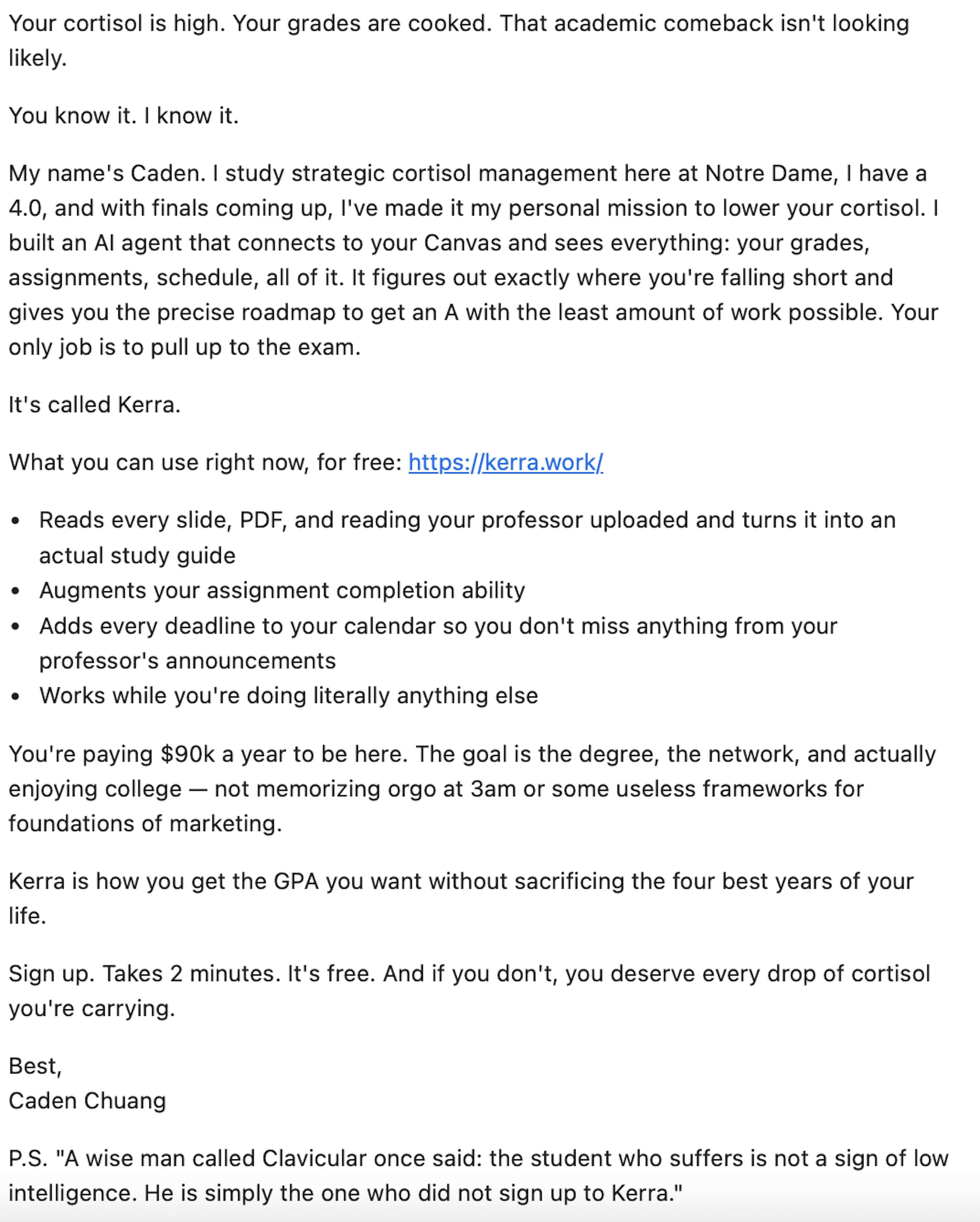 DEAR STUDENT BODY: The email Chuang sent to all Notre Dame students in April 2026 that was subsequently removed.